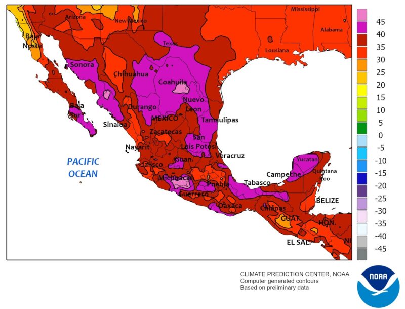 Heat dome: Map of Mexico with shades of red and purple, indicating high maximum temperatures.