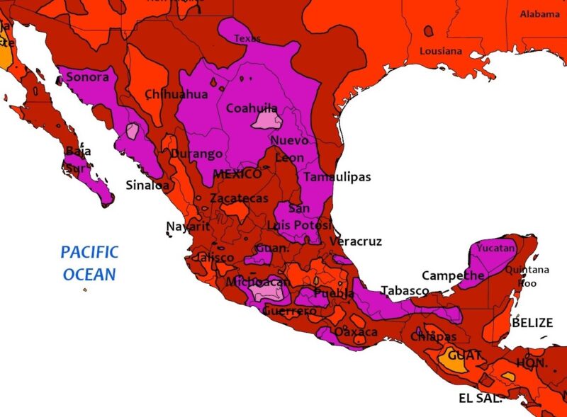 Map of Mexico with shades of red and purple, indicating high maximum temperatures.