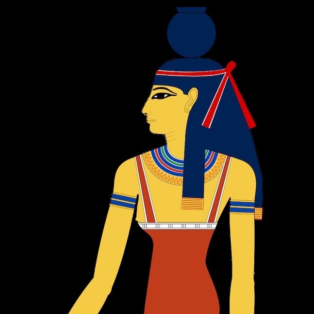 Drawing of an Ancient Egyptian goddess from head to hip, depicted with gold skin, a red dress, and navy hair and jewelry standing profile.