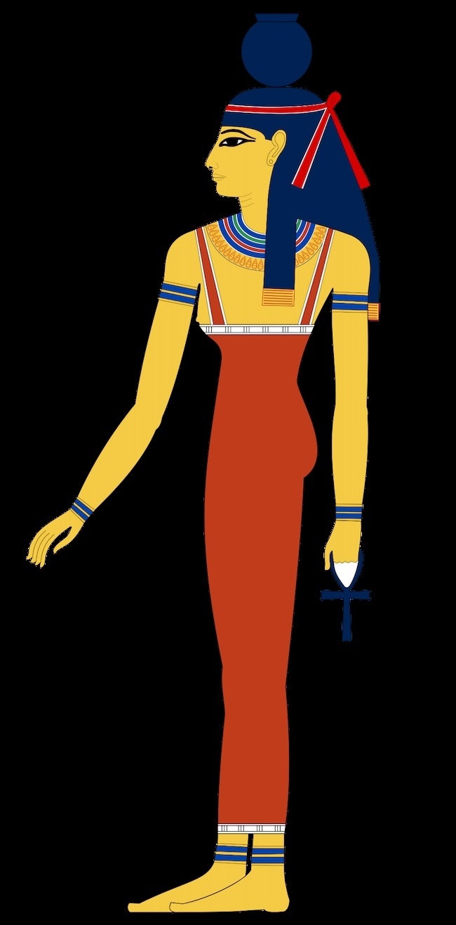 Drawing of a tall Ancient Egyptian goddess depicted with gold skin, a red dress, and navy hair and jewelry standing profile.