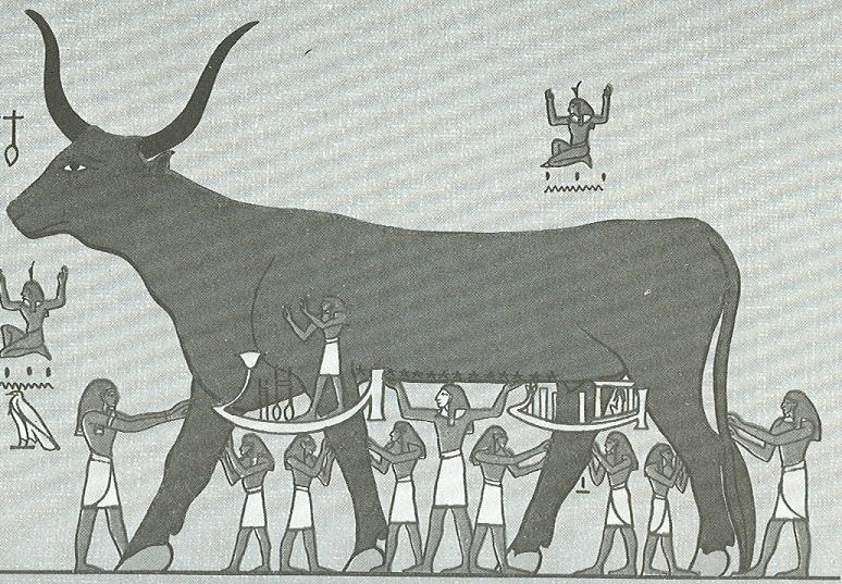 Egyptian sky goddess: drawing of a large steer surrounded by ancient Egyptians.