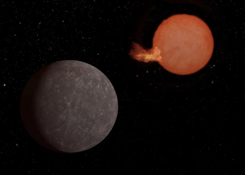 Earth-sized exoplanet: Dark gray moon-like planet with a reddish star near the background.  Large yellow flame-like shape coming out of the star.