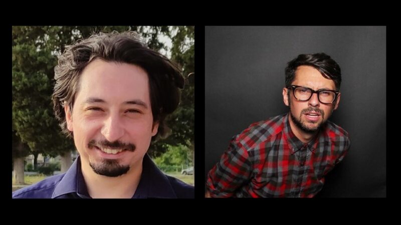 Two side-by-side images of men, one with longish dark hair and a goatee, the other with shorter hair and squinting with glasses.