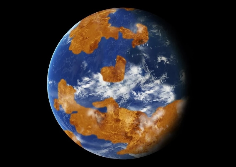Water on Venus: Planet with brown continents, blue oceans and white clouds.
