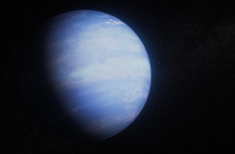 Bluish planet-like body with bands of white clouds. Stars in background.