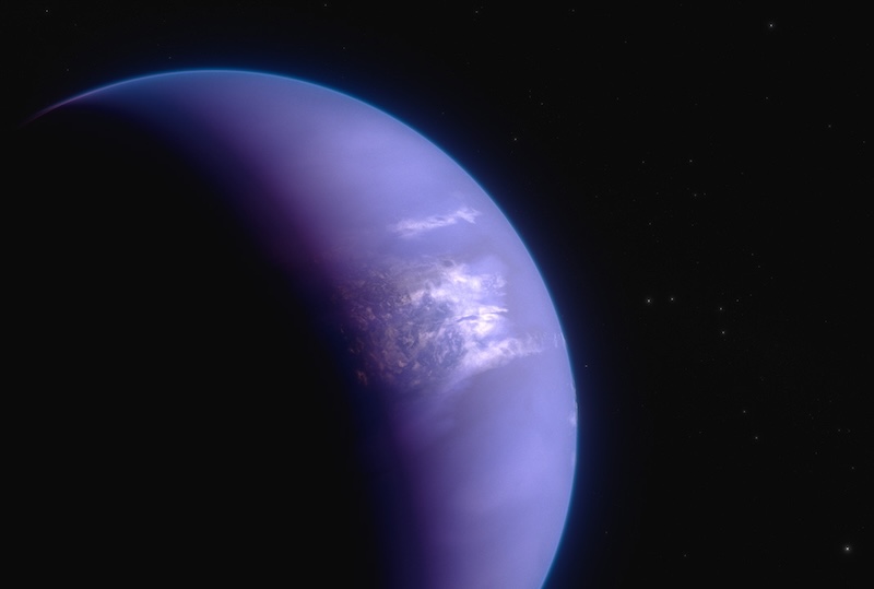 WASP-43 b: Bluish planet with wispy white clouds and stars in background.