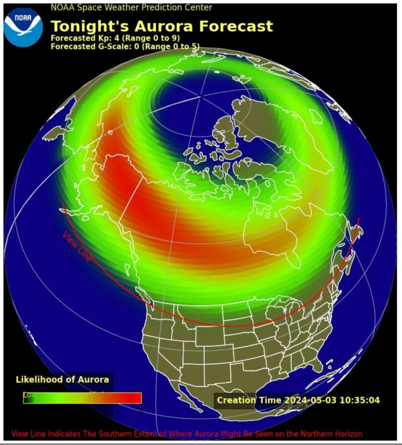 Globe viewed with the americas in the centre, showing the chances of auroras tonight. A red band over Canada indicates a high chance.