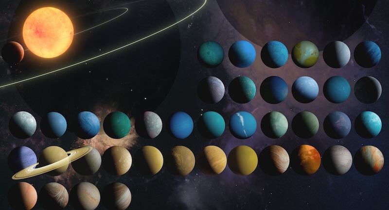 Exoplanet catalog: Yellow sun in top left corner, with numerous smaller, variously colored planets, 1 with rings, in 5 rows.
