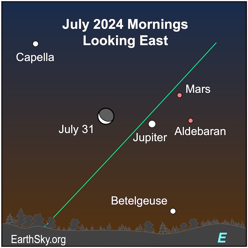 Moon, Jupiter, Mars, Capella, Aldebaran and Betelgeuse on July 31.