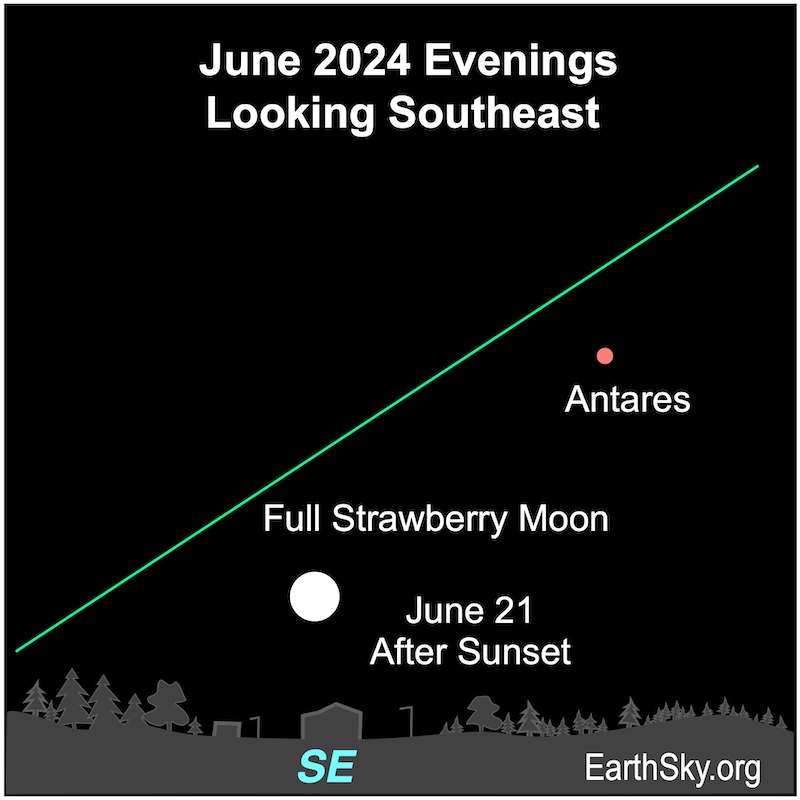 Sky chart: slanted green ecliptic line with full moon near horizon and Antares somewhat above it.