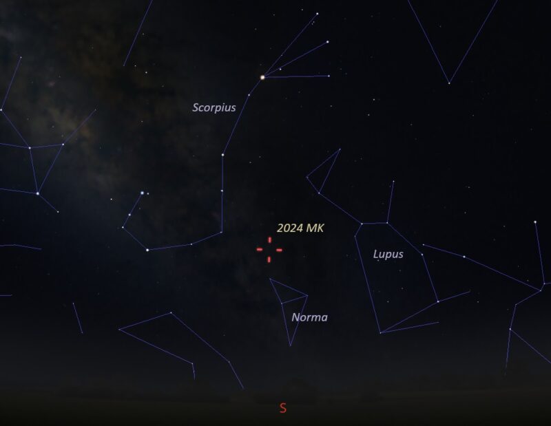 Star chart showing the constellation Scorpius with a red hashmark between it and the southern horizon.