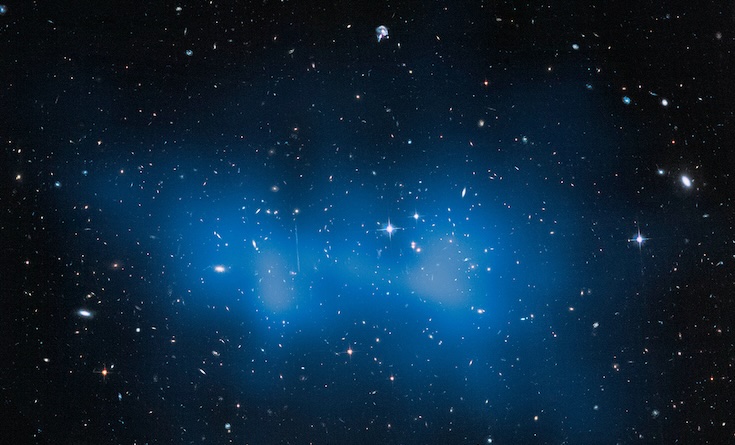White-blue stars and gas on black background. Dark matter.