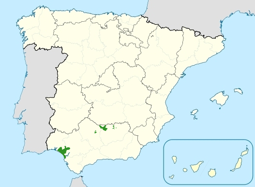 Map of Spain and Portugal with 2 very small green areas in in the south, in Andalucía.