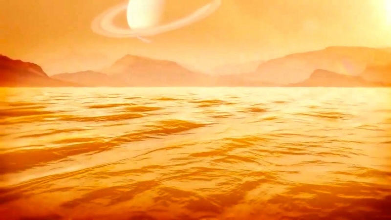 Shorelines of Titan's seas: Orange-ish sea with waves, mountains in distance and big ringed planet in hazy sky.