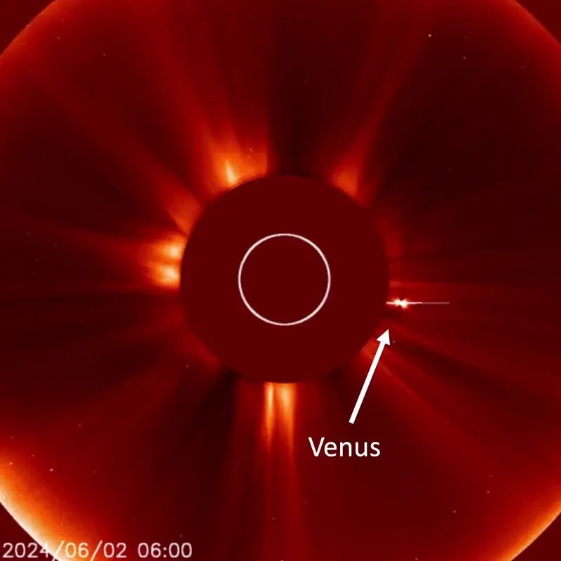 Streamers of orange liight coming out from a dark circle, and a moving dot labeled Venus.