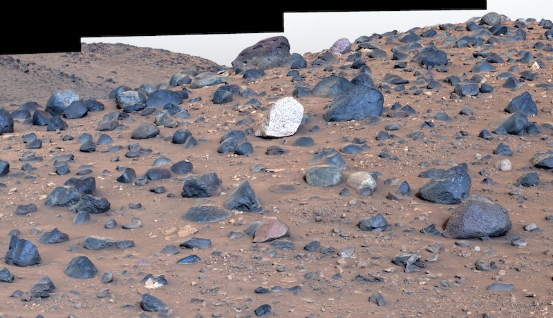 Roca moteada de color blanco brillante entre muchas rocas oscuras en una pequeña colina.
