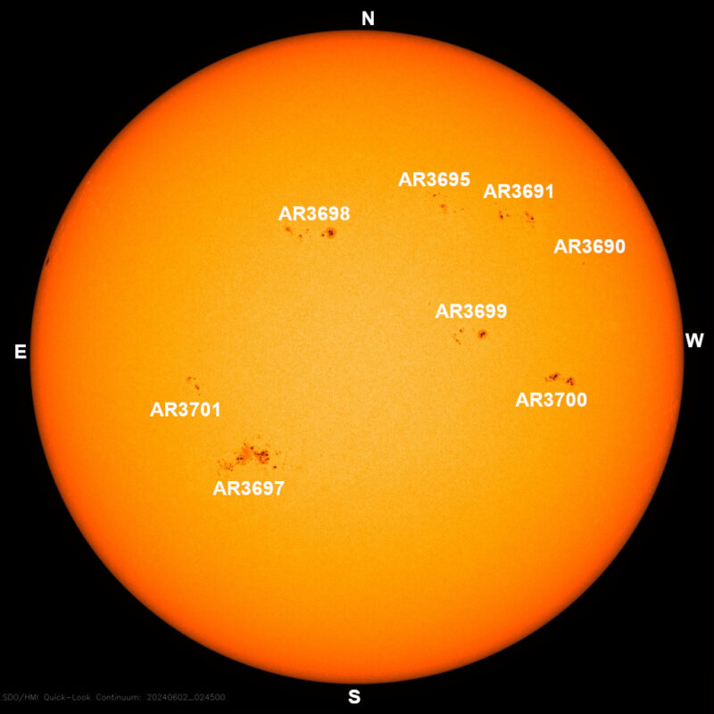 The sun, seen as a large yellow sphere with dark spots, each labeled.