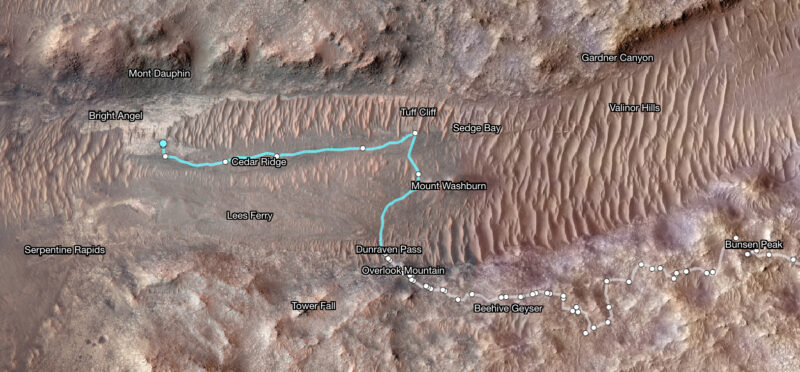 Overhead view of rocky terrain and sand dunes in a valley. Many white dots connected by meandering line, with text labels.