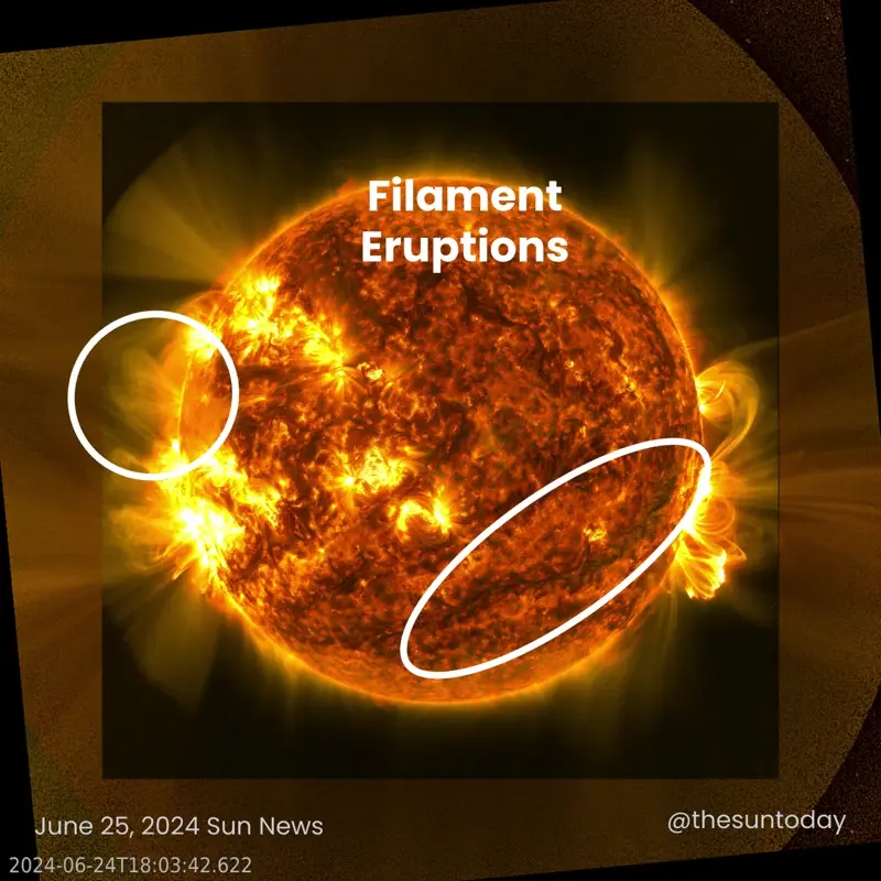 Face of the sun, with big yellow explosions on the left and right edges.
