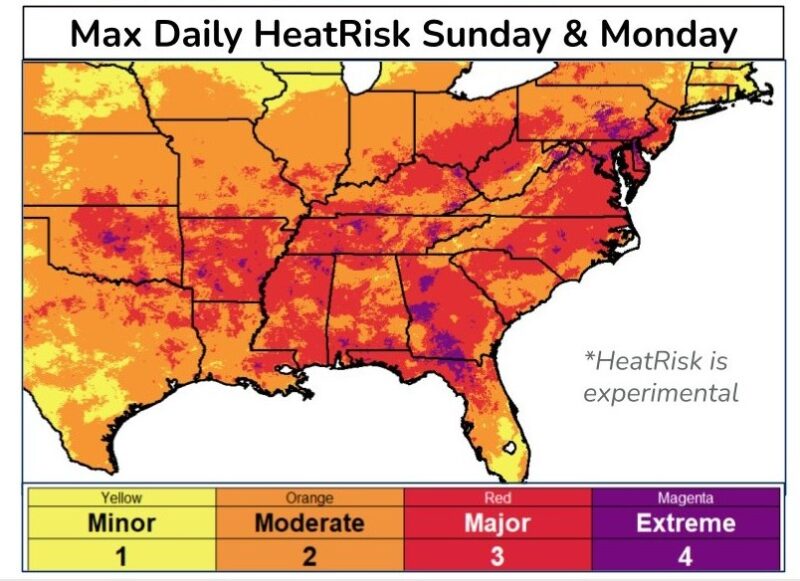 Heat risk map of the US southeast showing orange and lots of splashes of red.