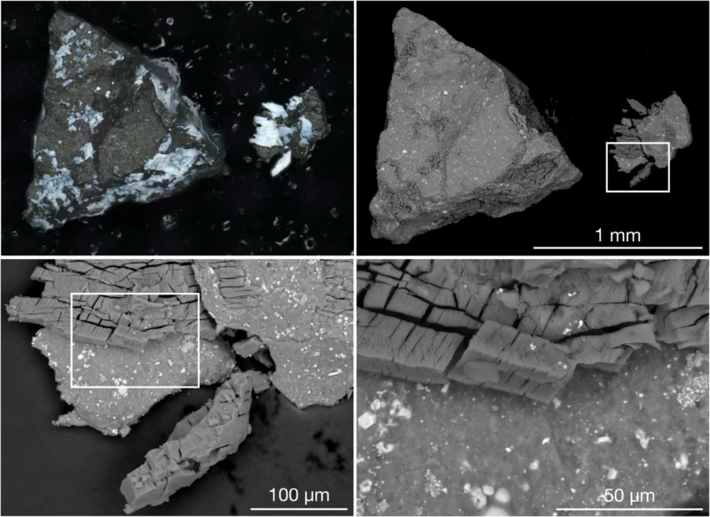 Asteroid Bennu sample: A 4-panel composite showing various gray rock samples.