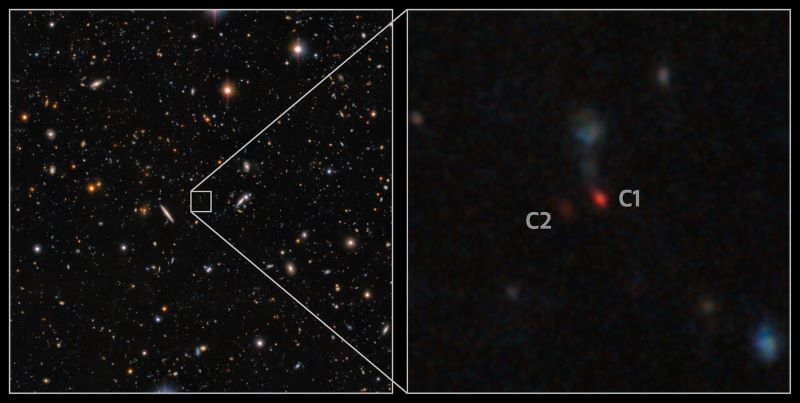 Dark square with very many tiny galaxies and an inset showing 2 red dots close to each other.