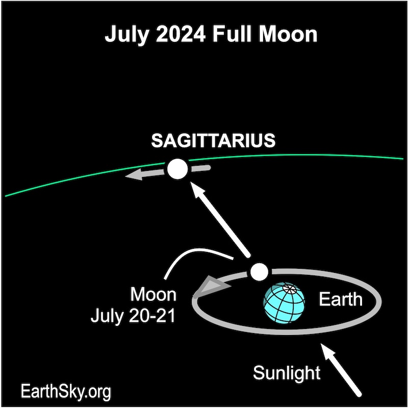 Diagram: An arrow from the sun through Earth and the moon pointing to an area labeled Sagittarius.
