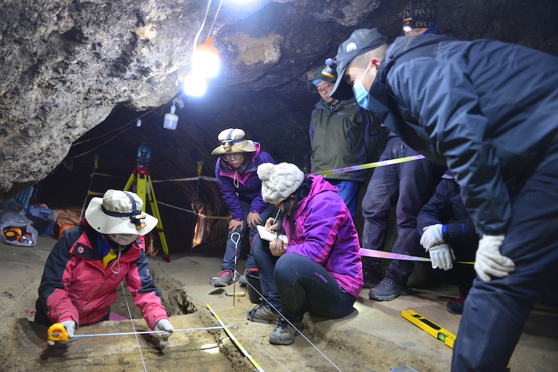 Six people working to remove fossils from the cave floor under a bright light.
