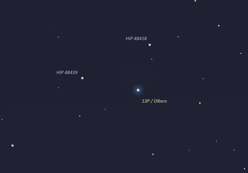 Star chart showing location of a fuzzy white comet and a few stars.