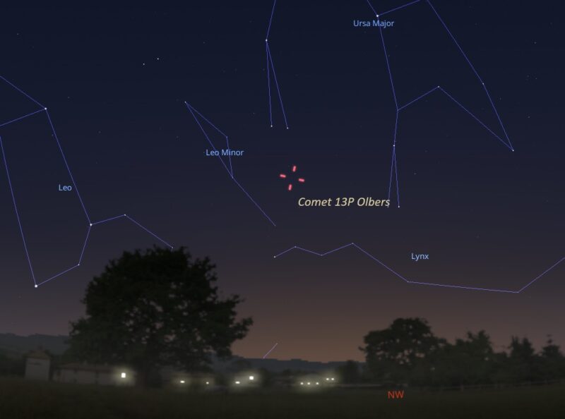 Star chart showing hashmarks for the comet located between Ursa Major and Leo Minor.