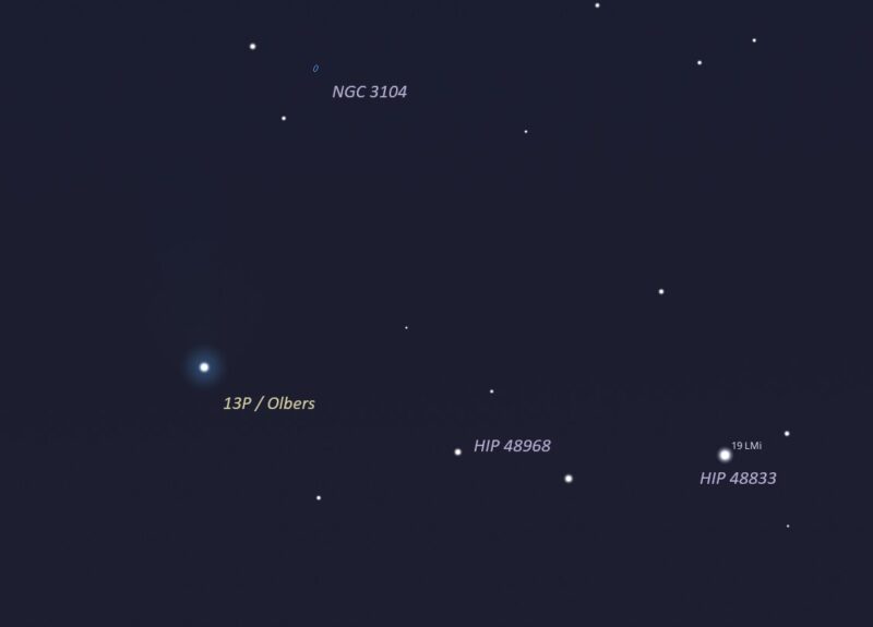 Star chart showing a close up on the fuzzy comet and some surrounding stars.