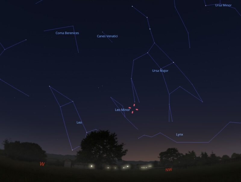 Star chart showing a horizon and constellation with hashmarks for the locations of the comet.