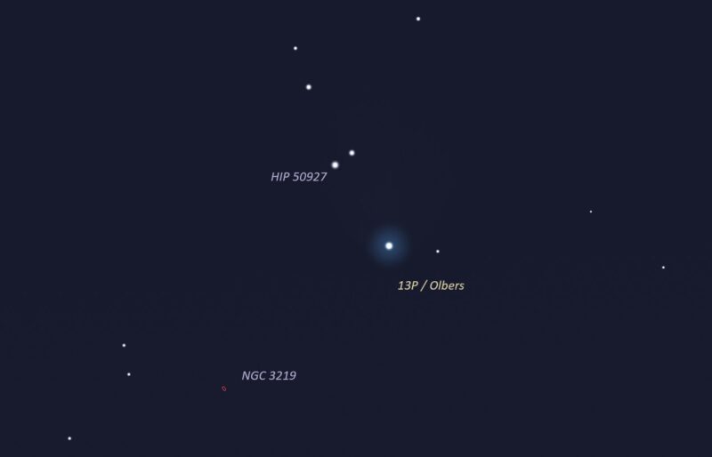 Star chart showing a comet near the center with faint stars around.