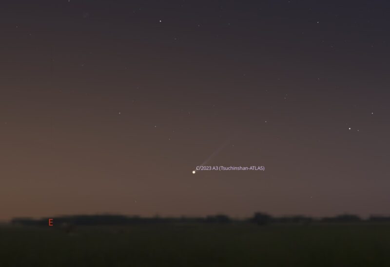 Bright comet: Star chart showing a dim horizon and a fuzzy white spot labeled with the comet.