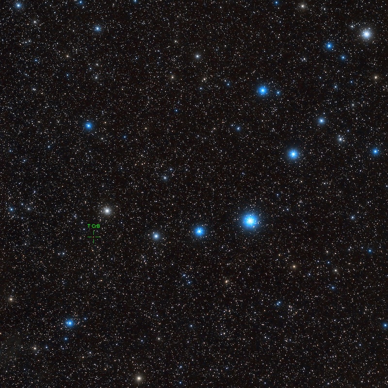 Starry background with a semi-circle pattern of stars for Corona Borealis and the spot marked for T Crb that may nova.