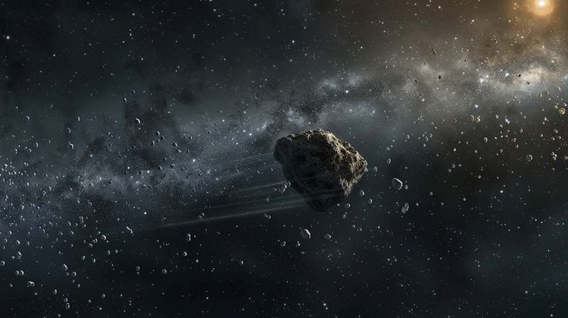 Dark comets: An irregular, rocky object flying through space with the Milky Way behind.