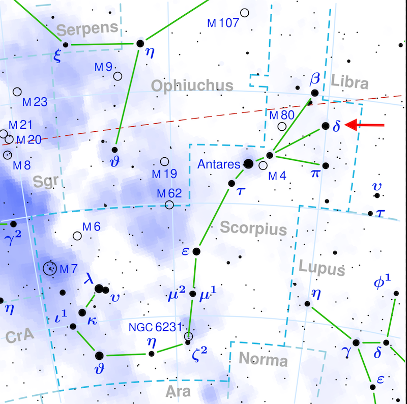 Star chart of constellation Scorpius with stars in black on white and arrow pointing to Delta Scorpii.