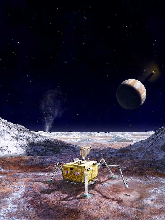 Square, gold-foil-covered lander with 4 legs sitting on icy surface with distant geyser and planet hanging above.