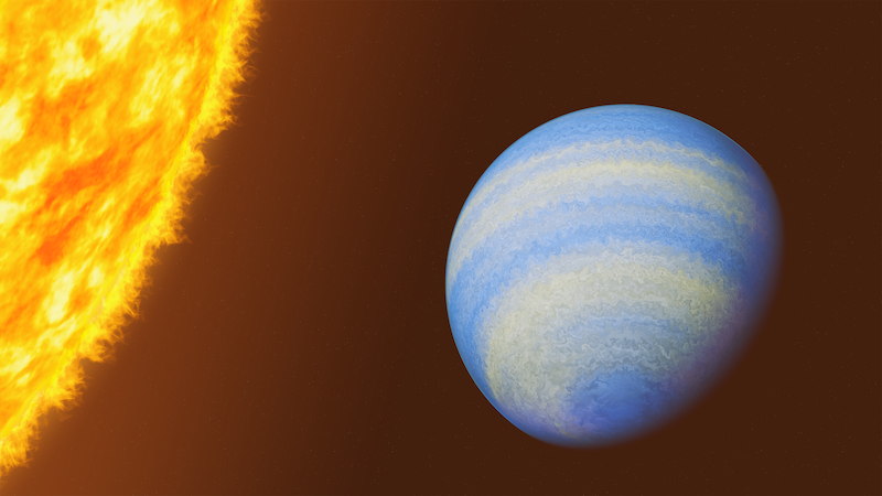 Stinky exoplanet: Large planet with bluish and whitish bands of clouds going around a large yellow star.
