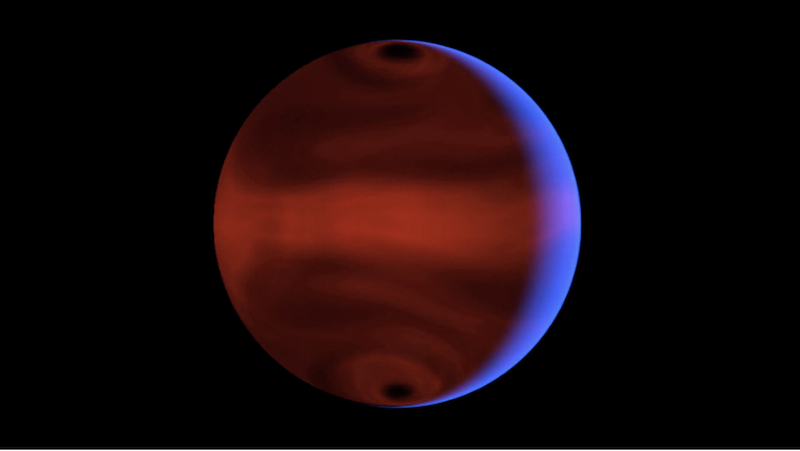 Reddish planet with banded clouds and bluish illumination on right side.