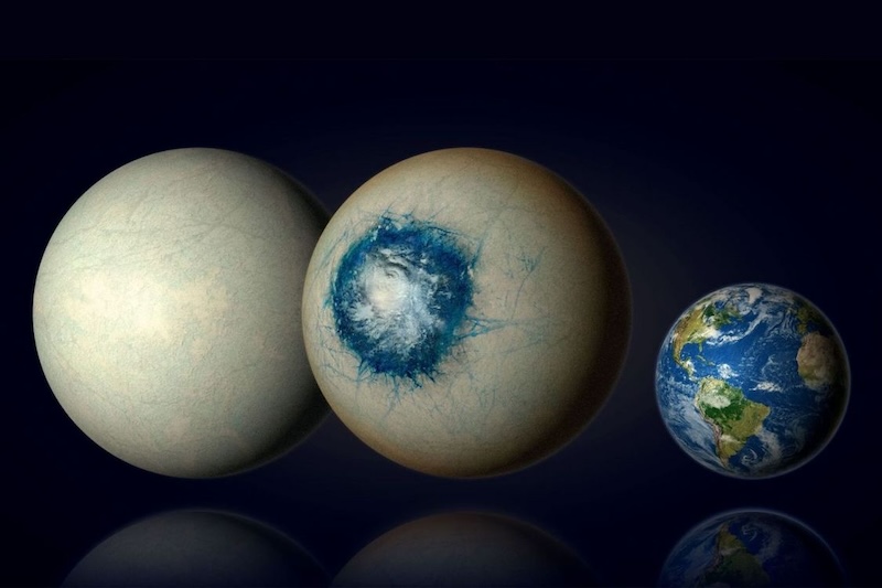 Ocean world: 2 light-colored spheres next to sphere of Earth. Middle sphere has large, circular blue and white region on one side.