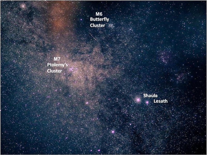 Rich part of the Milky Way showing the star clusters M6, M7 plus the Stinger Stars of Scorpius.