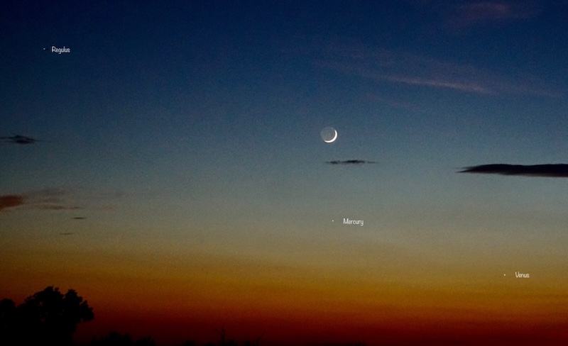 Twilight shot with a thin crescent moon, Venus, Mercury, and Regulus.