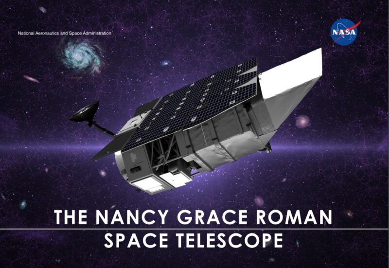 Roman space telescope: A bulky cylindrical metallic object with solar panels floating in space.