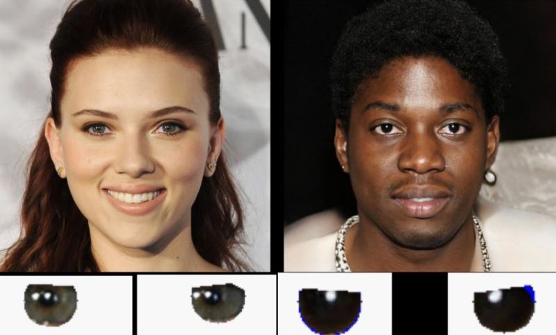 AI-generated image: Side-by-side images of a young white woman and a young black man, with a closeup on their eyes below.