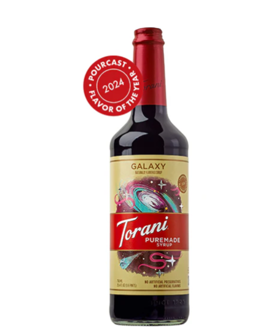 Flavor of our galaxy: A bottle with a narrow neck, red foil cap and label showing a picture of a galaxy.