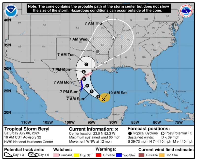 Hurricane Beryl: Map of the Caribbean and Gulf area showing a cone headed into East Texas.
