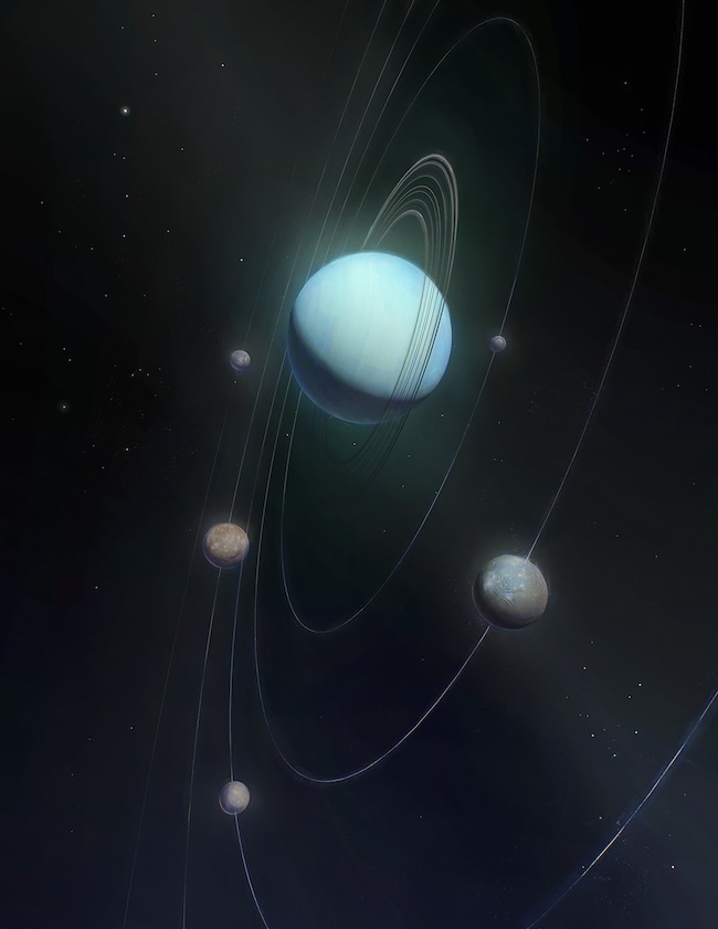 Blue sphere with 5 smaller spheres in thin rings around it. Set of smaller rings between the large sphere and the smaller ones. Stars in the background.