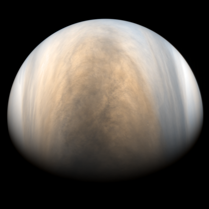 Phosphine on Venus: Planet with multicolored feathery clouds in kind of an upside down V-shape.