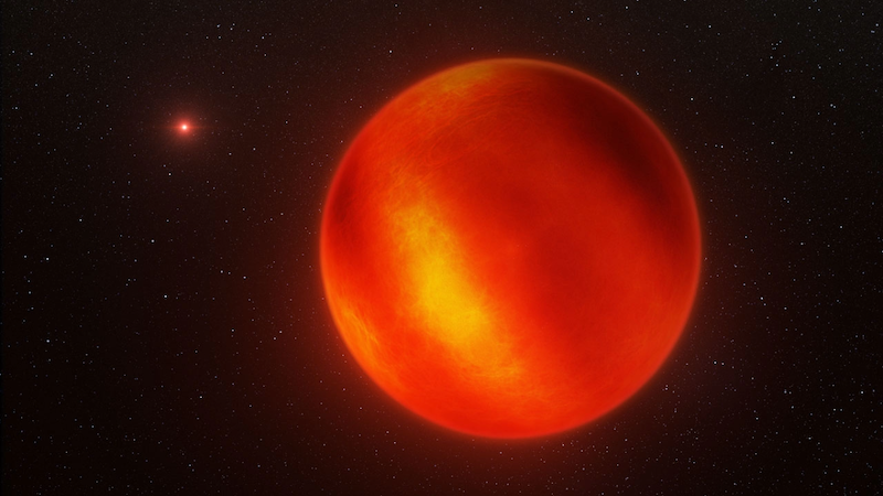 Brown dwarfs: Reddish sphere in space with bright and dark patches. Another similar sphere is in the distance.